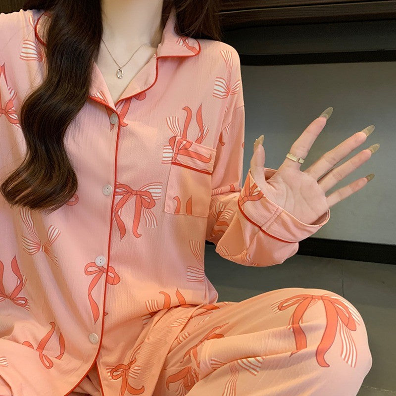 Women's Pajamas Set Bow Print Sleepwear Button Down Tops Long Pajama 2 Piece Suit Pyjama Femme Nightwear Loungewear for Winter