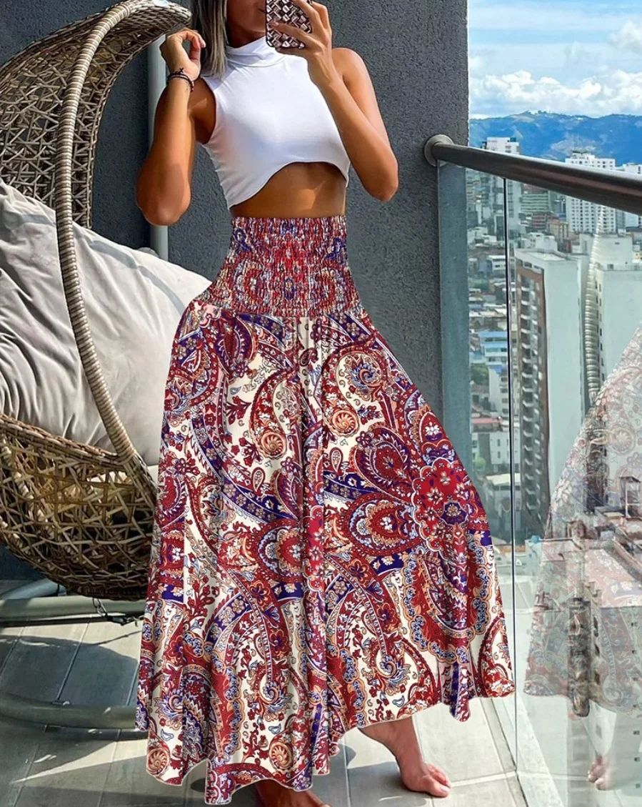 Plus Size European and American Cross-border Summer New Fashion Print High Waist Slim Skirt