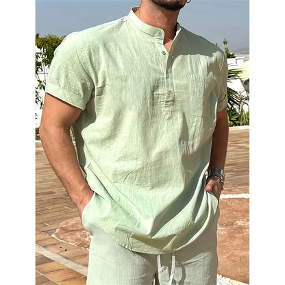 Summer Hot Sale Men's T-shirt Cotton Linen Henley Neck Casual Breathable Lightweight Solid Color Pocket Button Tops