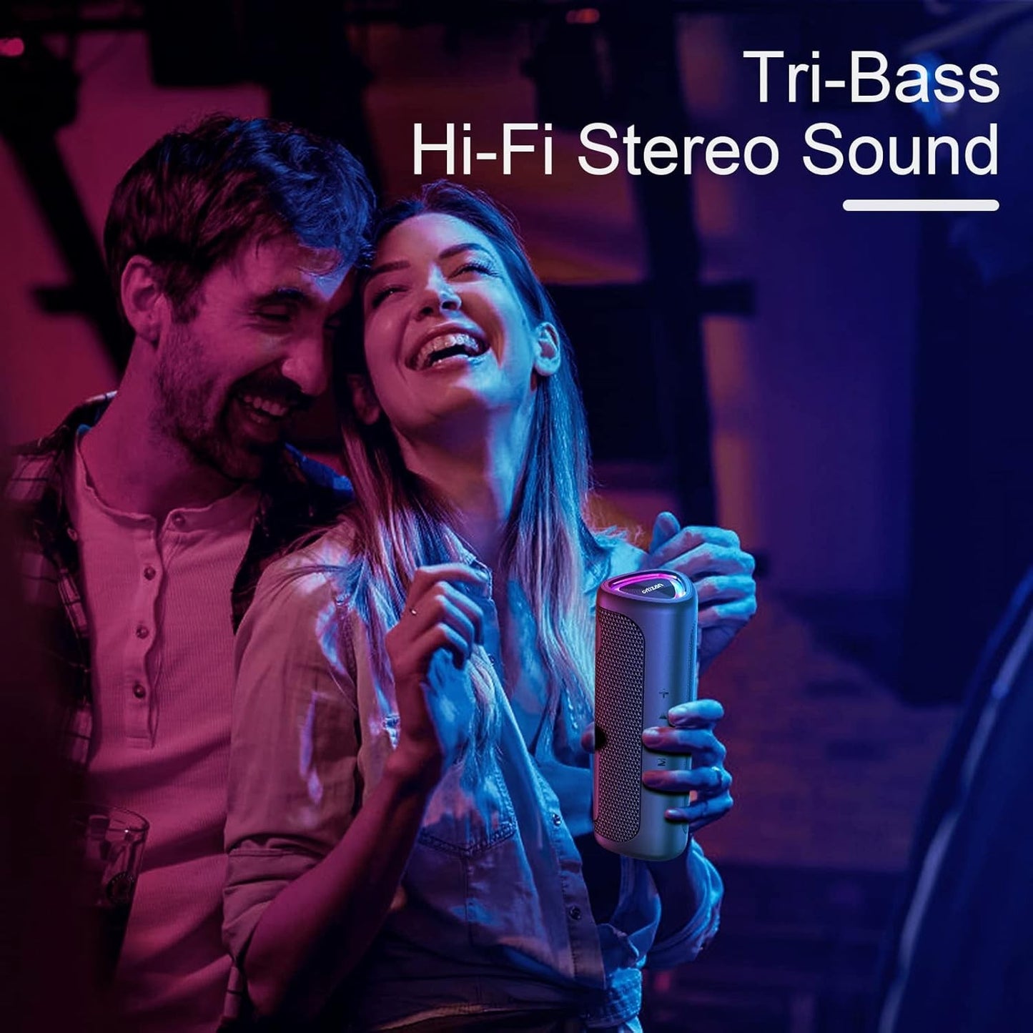 Caixa de Som Portátil Bluetooth Ortizan M7, Som Potente de 24W, Graves Ricos, À Prova d'Água IPX7, 30 Horas de Reprodução, Luzes Coloridas