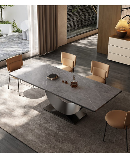 Modern Rectangle Minimalist Rock Slab Restaurant Dining Table And Chairs Stainless Steel Frame Leather Dining Chair Italian