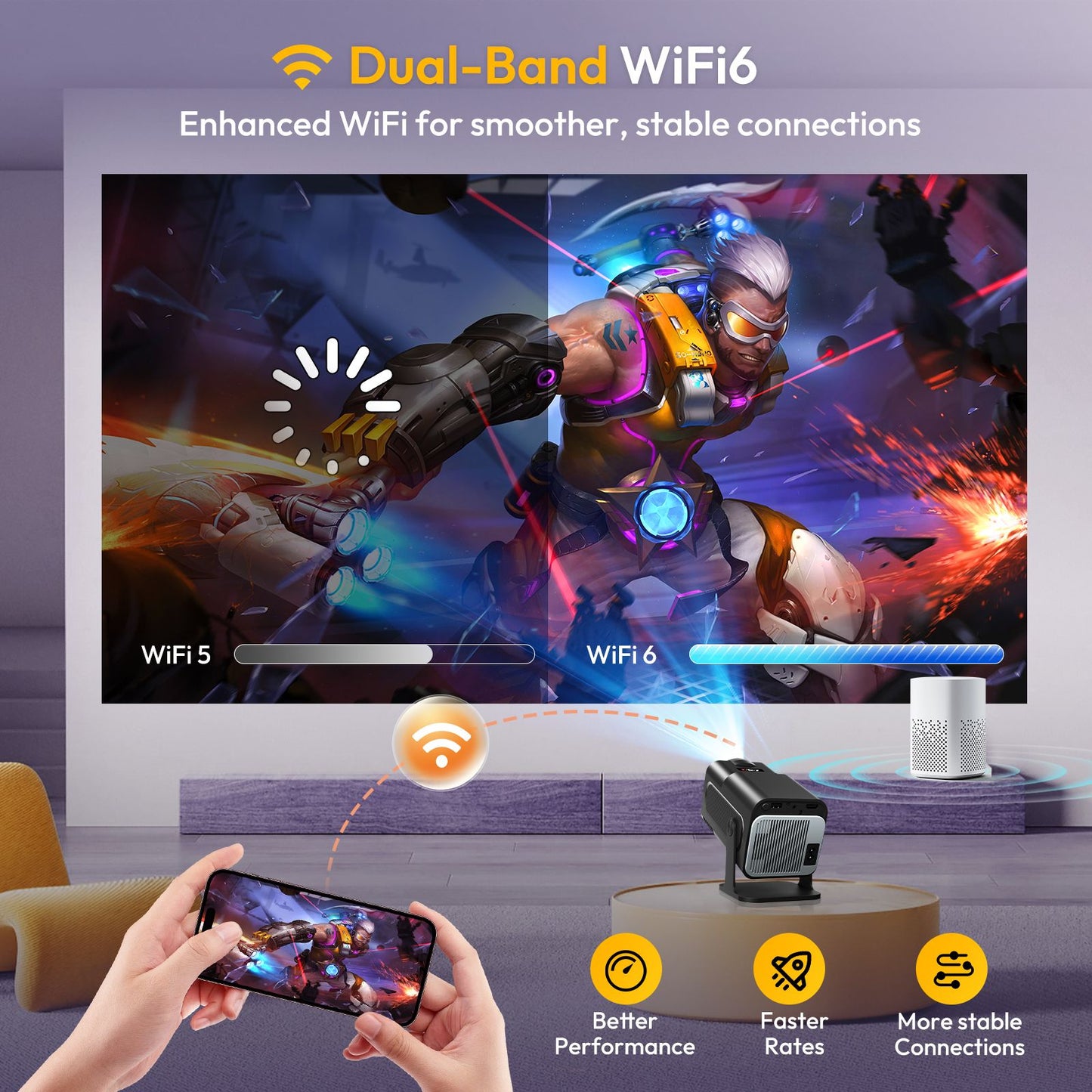 Projetor KaiAqua 4K Android 11 Nativo 1080P 390ANSI HY320 Dual Wifi6 BT5.0 1920*1080P Cinema portátil Projetor HY300 atualizado
