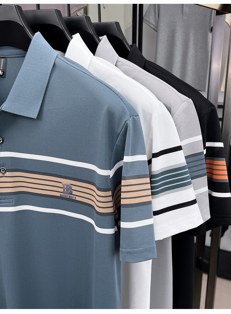 Advanced trend brand men's short sleeve polo shirt luxury striped summer breathable casual fashion letter embossed new T-shirt