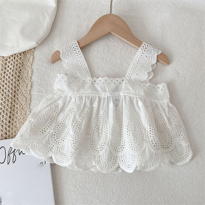Girls Children Outfit Sets Summer Kids Clothes Lace Edge Pure White Baby Girl Casual White Hollow Vest Top Suspender+Denim Skirt