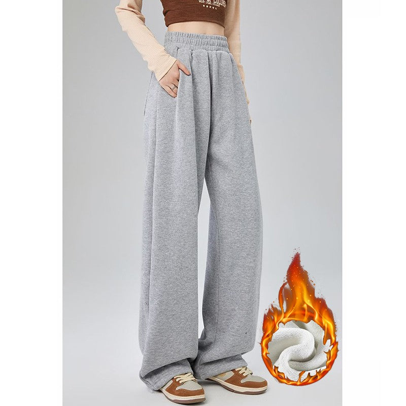 Winter Lady Snow Warm Thin Straight Leg Pants Girls Classic Daily Plush Trousers Women High Waist Thermal Fleece Pants