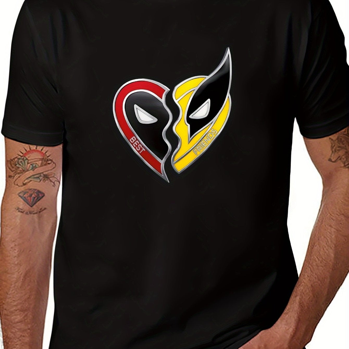 Short Sleeve Tops Marvel Studios Deadpool Wolverine Best Friends Heart Charm T-Shirt Marvel Authorized Hale Spring Summer