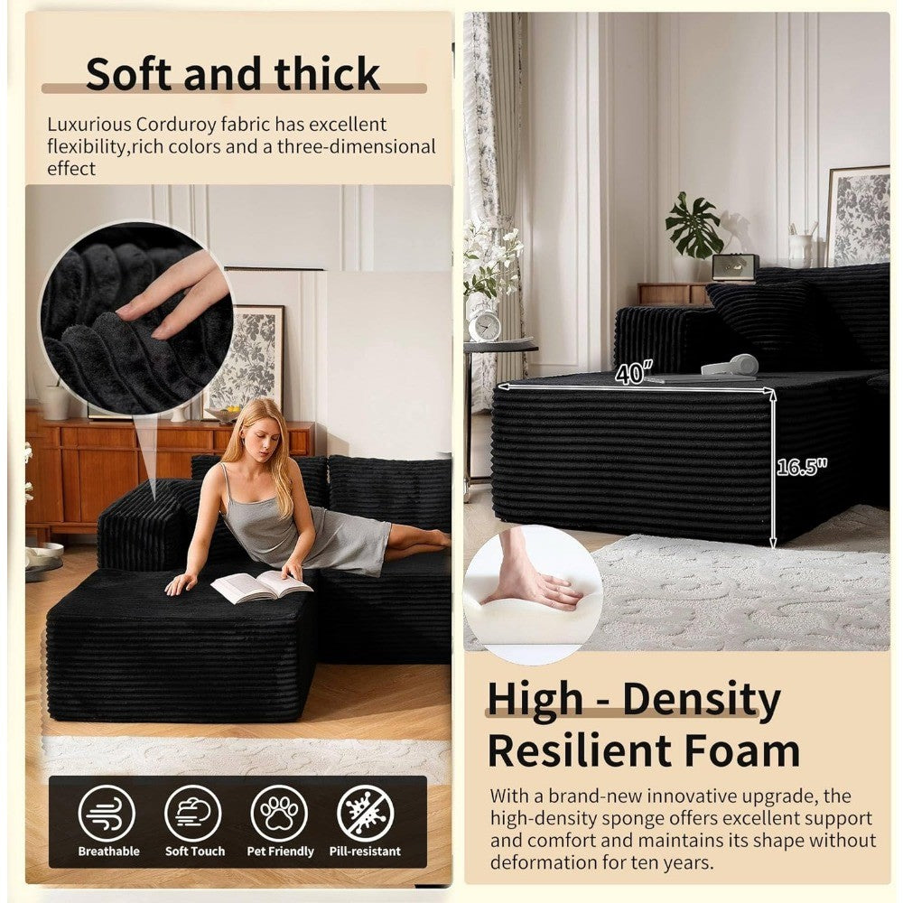 110” No Assembly Compression Boneless in a Box Cloud Sectional Couches for Living Room L-Shape Sleeper Sofa, Modern Modular Cord