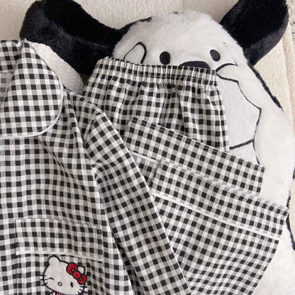 Hello Kitty Embroidered Women's Pajamas Set Fall Spring Plaid Print Loungewear Long Sleeve Cardigan Top and Pants Home Sleepwear