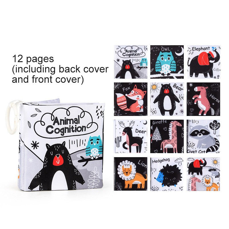 Livro de Pano de 12 Páginas Montessori Tátil e Sensorial Livros Macios para Bebês Animais de Desenho Animado Brinquedos Interativos de Educação Infantil para Bebês