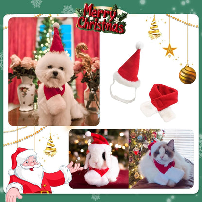 Conjunto de Fantasia de Natal para Pets, Gorro e Cachecol Ajustáveis de Papai Noel para Cães Pequenos, Gatos e Filhotes, Acessórios para Fotos de Festas