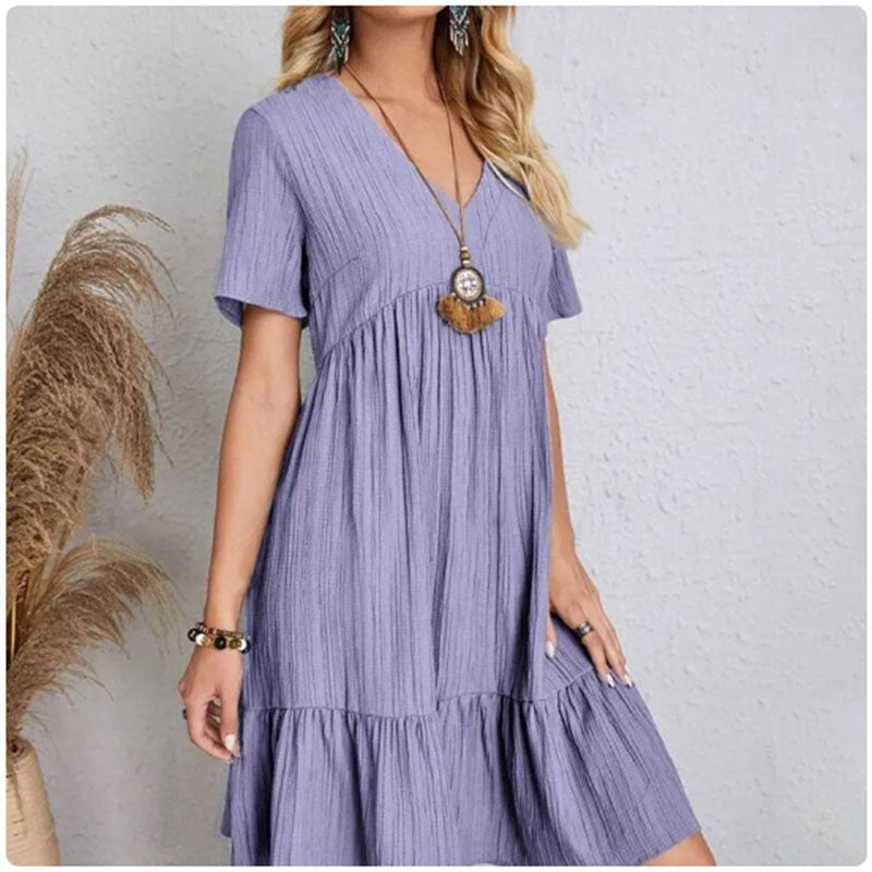 Women Summer Peplum Dresses Spring V-Neck Short Sleeve Loose Waist Ruffle Fit Fl