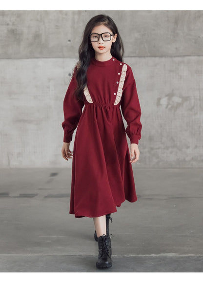 Girls' Dress New Style For  Children Stand Collar Waist-Cinching Slimming Mid-Length Dress Long Sleeve For Kids 5-12Y