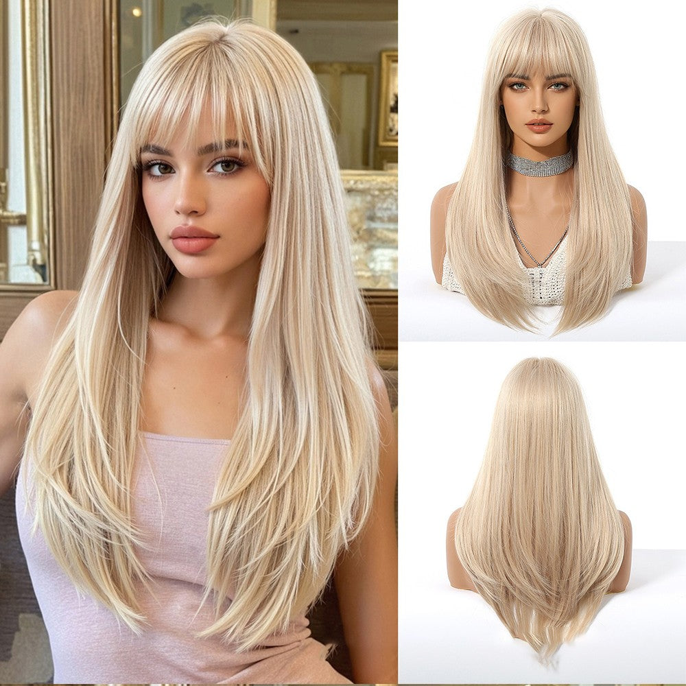 Peruca Loiro Dourado Com Franja Cabelo Longo Liso Peruca Natural Para Mulheres Perucas Cosplay Sintética Resistente ao Calor Cabelo Falso