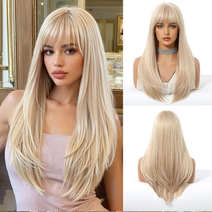 Peruca Loiro Dourado Com Franja Cabelo Longo Liso Peruca Natural Para Mulheres Perucas Cosplay Sintética Resistente ao Calor Cabelo Falso