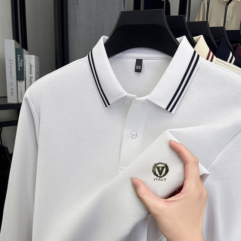 100Cotton Luxury Quality Men's Polo Shirt Striped Collar Breathable V-Print Long Sleeve Autumn Lapel T-Shirt Business Menswear