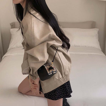 Sli Loose PU Leather Jaet Women's Chic Retro Collar Versatile BF Sle Motorcycle Clothes Trendy Long Sve Zipper