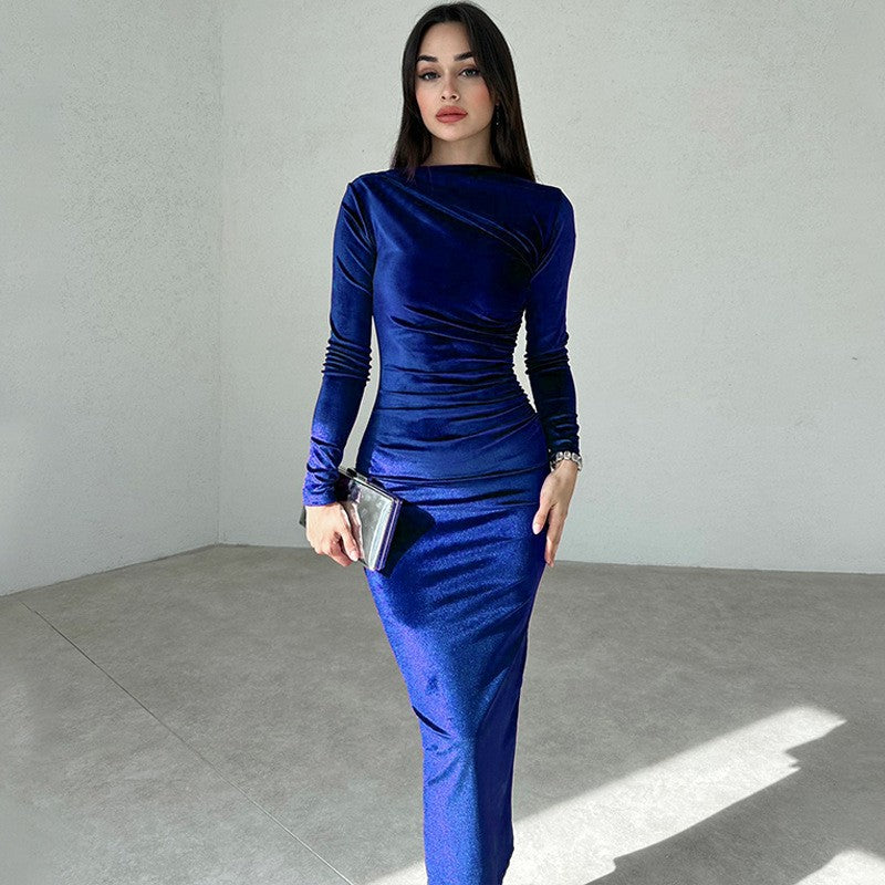 Dulzura 2024 Spring Summer Velvet Long Sleeve Midi Dress For Women Ruched Long D