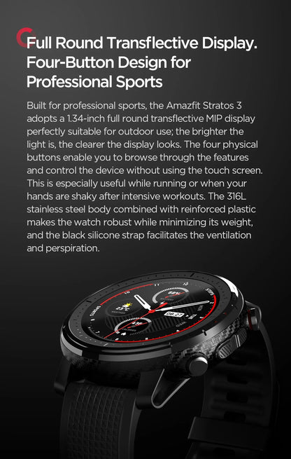 Smartwatch Amazfit Stratos 3 para homens com GPS, Bluetooth e 5ATM à prova d'água – Mostruário com caixa