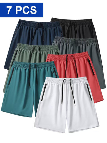7 pairs of men's casual sports shorts - wrinkle-resistant polyester blend, loose fit with adjustable drawstring waistband and si
