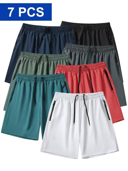 7 pairs of men's casual sports shorts - wrinkle-resistant polyester blend, loose fit with adjustable drawstring waistband and si