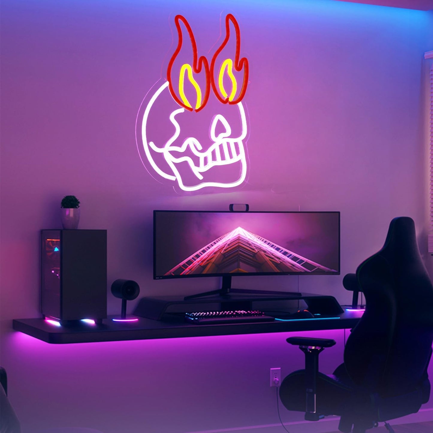 Paredes de Neon Chama de Crânio Decoradas com LEDs de Halloween Reguláveis, Alimentadas por USB, Decorações de Festa de Halloween para Caverna Masculina, Bar, Clube, Sala de Jogos