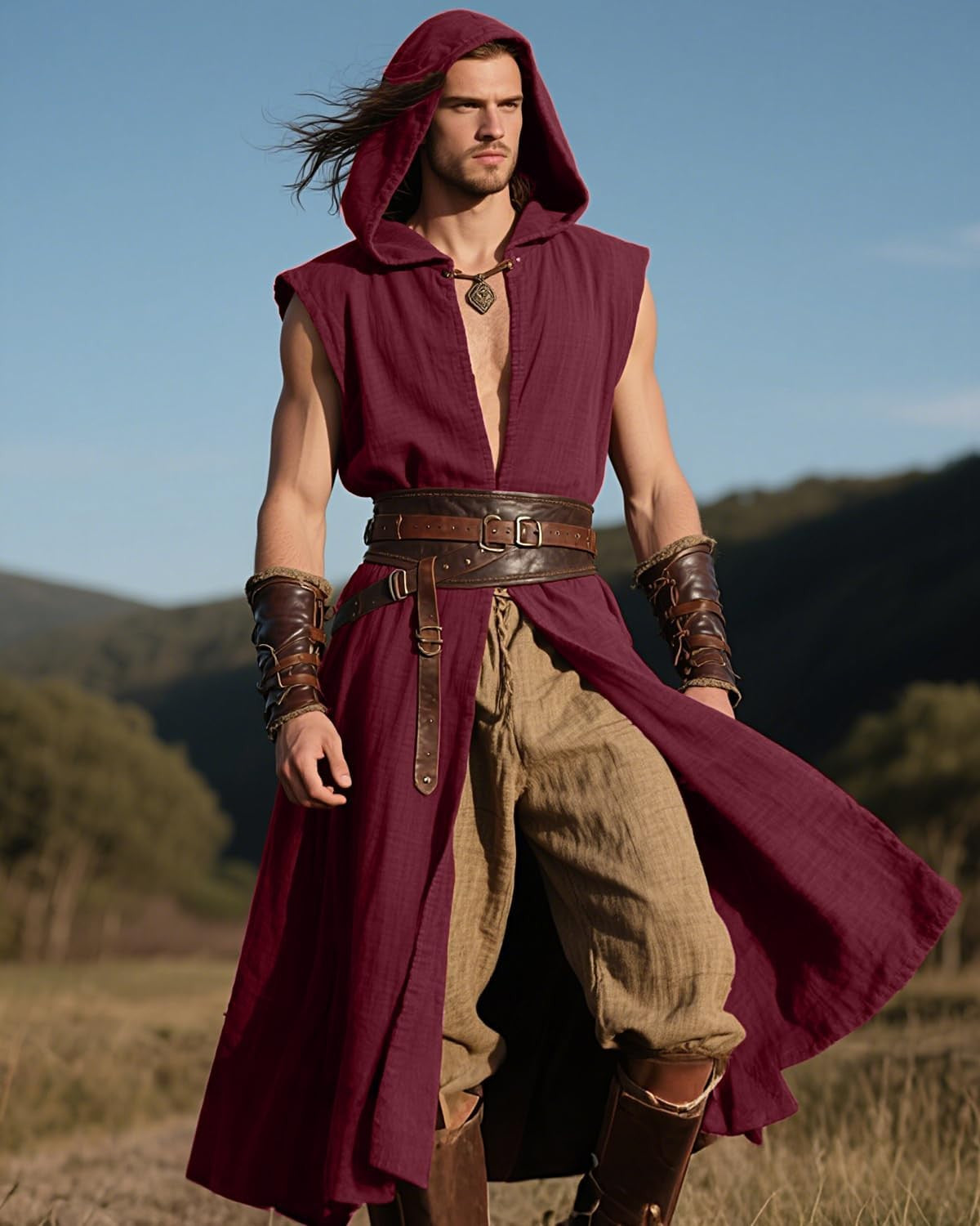Men's Medieval Hooded Surcoat Renaissance Tabard Sleeveless Tunic Cloak Viking Costume Holloween Assassin Cosplay
