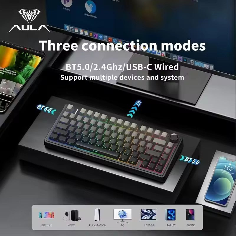 Teclado Mecânico Gamer AULA F75 RGB Layout 75% Gravação Lateral Gasket Mounted Personalizado 80 Teclas Keycaps PBT Teclado Sem Fio