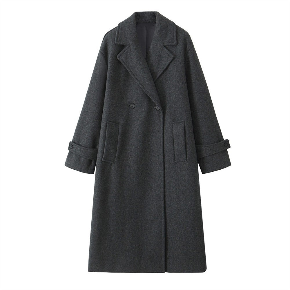 PB&ZA2024 Winter New Women's Fashion Simple Loose Warm Collar Soft Long Double breasted Woolen Coat Coat