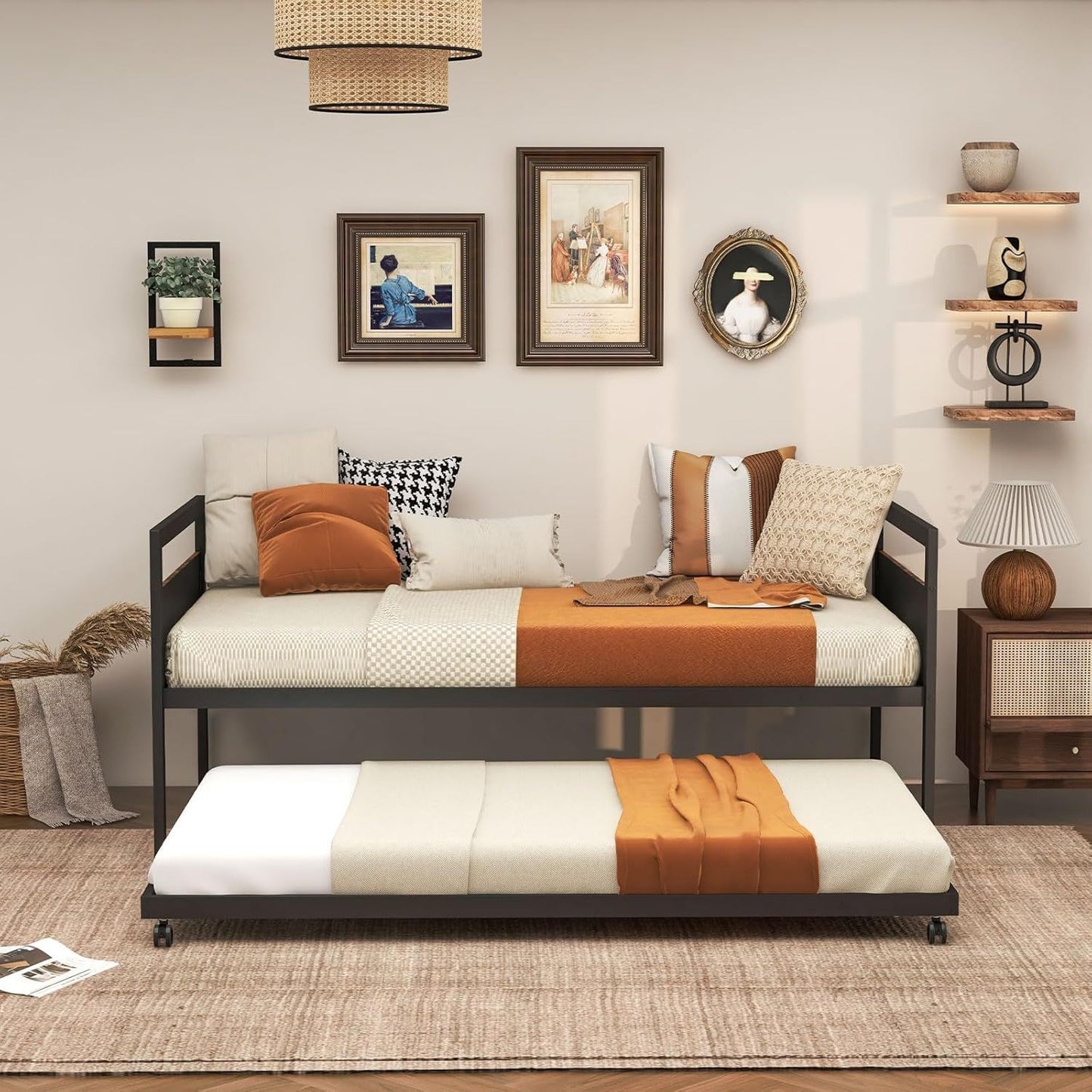 Daybed de Metal com Cama Auxiliar, Cama Auxiliar de Solteiro com Suporte de Metal e Cabeceira de Madeira Rústica, Cama de Dia Economizadora de Espaço