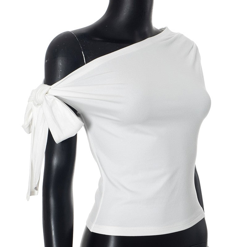 CUTENOVA 2024 Women'S Summer Ins Style New Shrink Pleated One-Shoulder Crop Top Backless Twist Tie Asymmetric T-Shirt Casual Top