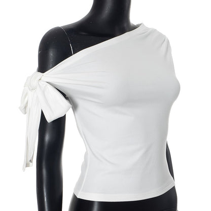 CUTENOVA 2024 Women'S Summer Ins Style New Shrink Pleated One-Shoulder Crop Top Backless Twist Tie Asymmetric T-Shirt Casual Top