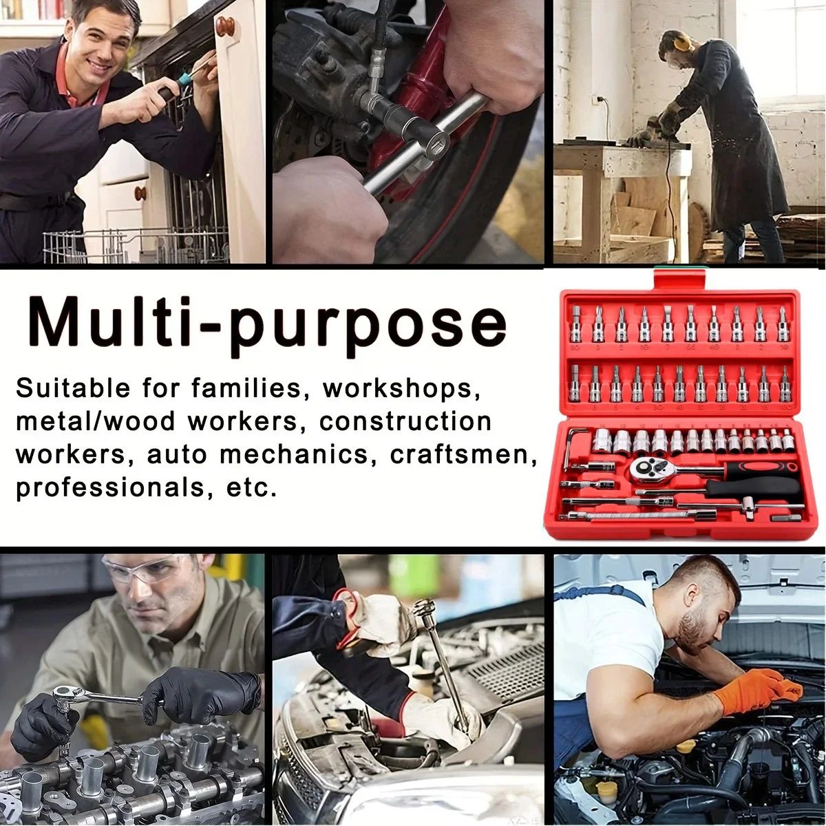 Kit de Ferramentas de Reparo Automotivo 46 Peças, Caixa de Ferramentas de Chave Catraca Combinada, Jogo de Ferramentas para Manutenção Automotiva e Reparo de Soquetes Veiculares