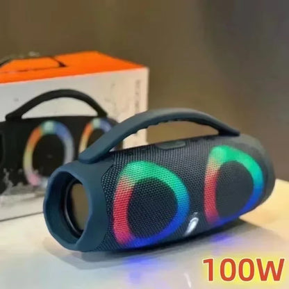 Caixa de Som Portátil Impermeável 100W de Alta Potência Bluetooth Luz RGB Colorida Subwoofer Sem Fio 360 Estéreo Surround TWS FM
