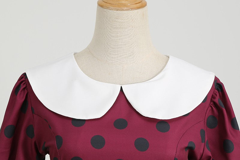 Elegant Women Summer Dress Puff Short Sleeve Polka Dot Peter pan Collar Vintage A-line Midi Long Party Sundress