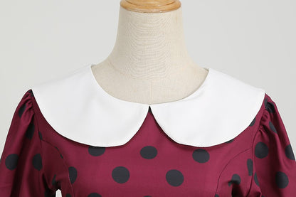 Elegant Women Summer Dress Puff Short Sleeve Polka Dot Peter pan Collar Vintage A-line Midi Long Party Sundress