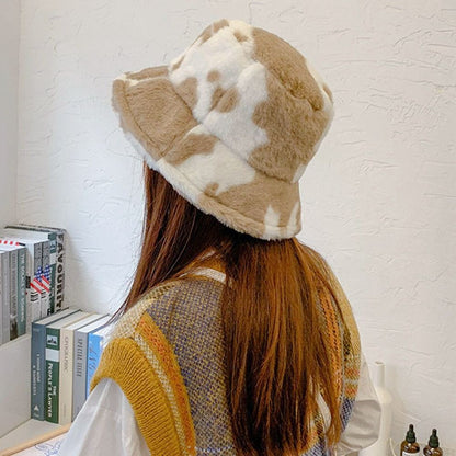 Winter Bucket Hat Women's Fashion Milk Cow Grain Panama Warm Hats Female Vintage Faux Fur Fisherman Cap Hats For Women Casual