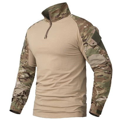 Men's Outdoor Long Sleeve Combat Shirt Cargo 1/4 Zipper Ripstop Cotton Tactical Shirts US Army Camoufalge Airsoft Clothing