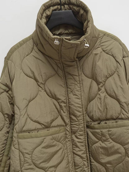 European and American style winter new style stand collar loose drawstring zipper cotton jacket for women