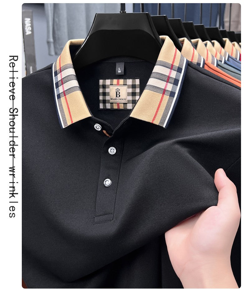 Luxury brand long sleeve polo shirt men comfortable casual autumn item silk cotton high-end Korean fashion plaid lapel T-shirt