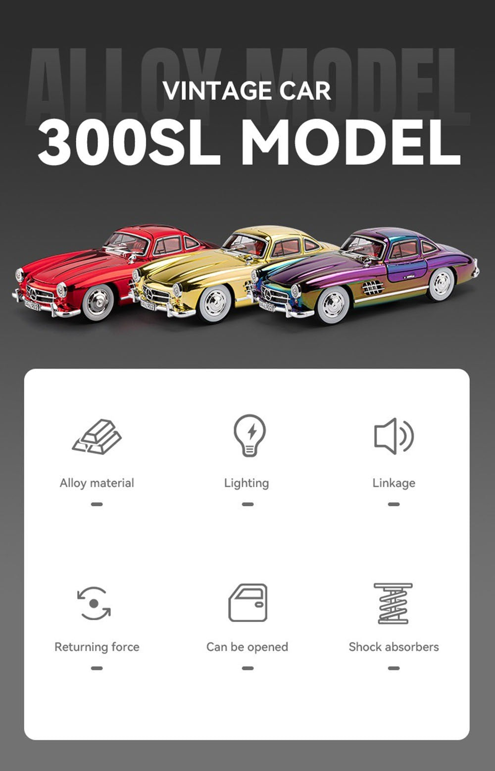 1:24 Visão GT 300SL Carro Esportivo Modelo Liga Fundida Brinquedos Som Luz Puxar para Trás Portas Abertas Veículos Miniatura Presentes para Crianças