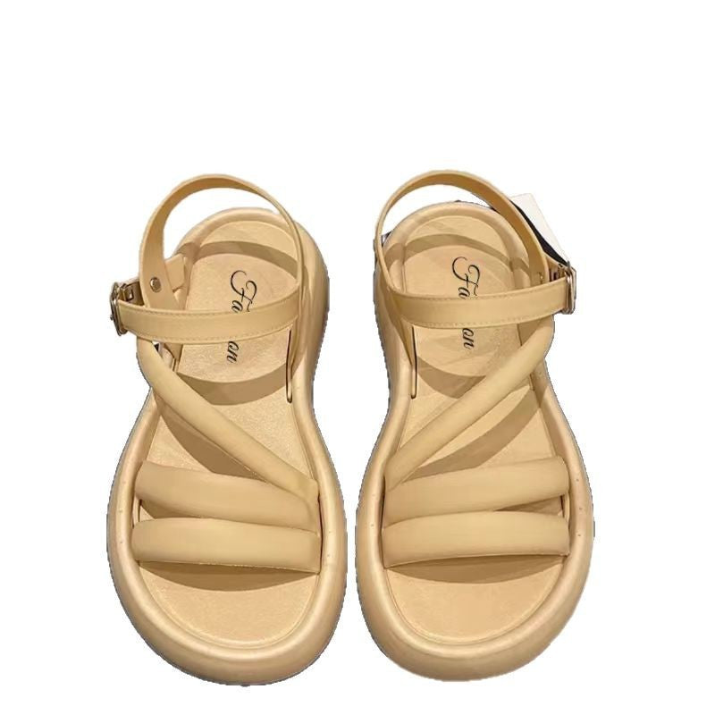 Sexy Model Buckle Sandals Travel Slippers 2025 Summer Fashion Non-slip Round Toe Hollow Comfortable Casual Flat Shoes