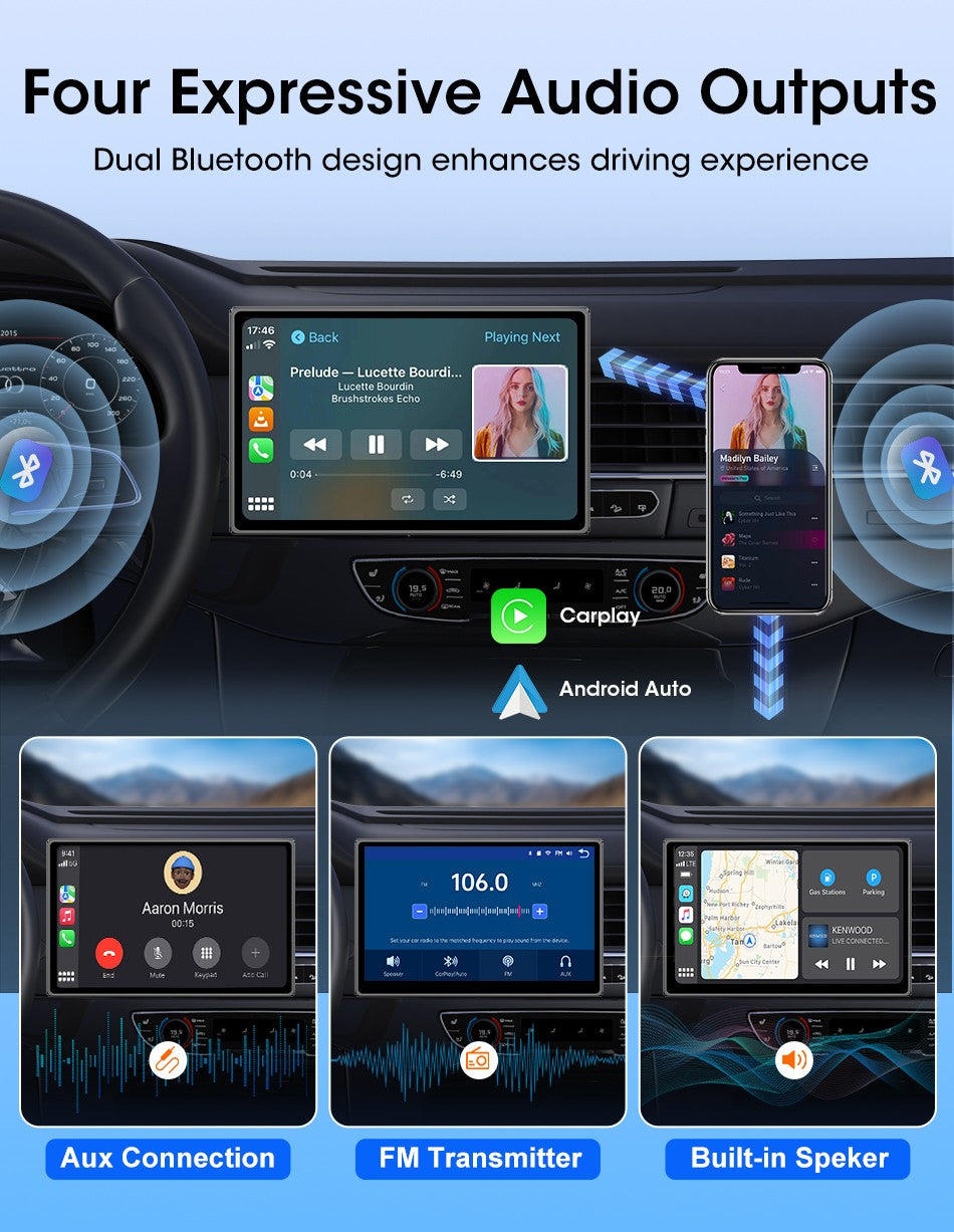 Suporte de 7/8/9'' Orientação e Espelho Retrovisor de Carro com Rádio CarPlay Sem Fio Android Auto Multimídia de Vídeo Tela Universal