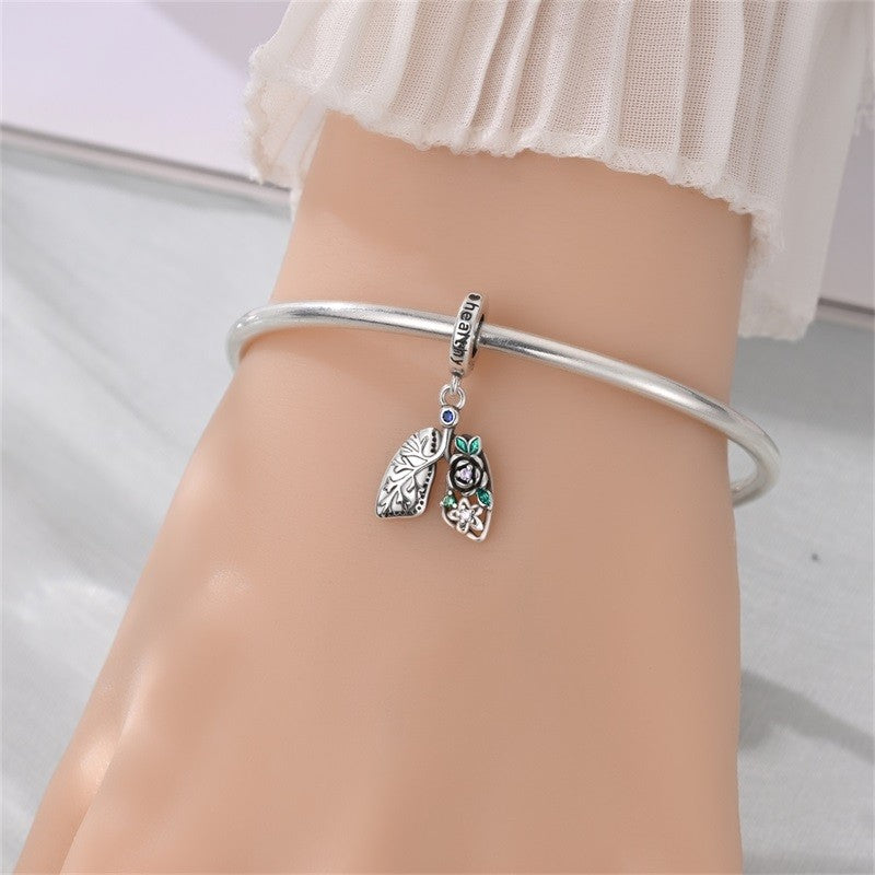 Heart & Organ Charm 925 Sterling Silver Red Rose Skull Dangle Pendant Dark Aesthetic Fit Bangle Bracelet Necklace DIY Jewelry