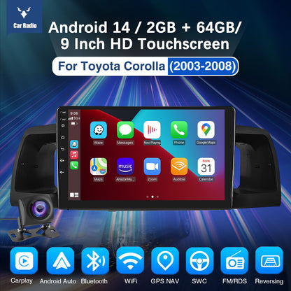 Rádio Automotivo 9" Android 14 Para Toyota Corolla E120 EX 2000 2001 2002 2003 2004 2Din Player Multimídia GPS Navi Central Multimídia WIFI
