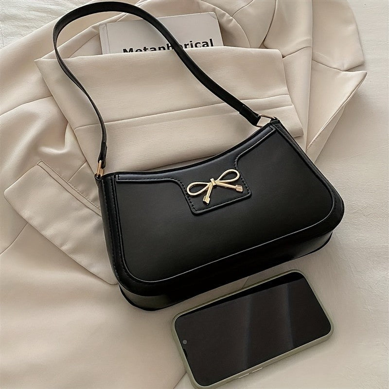 Chic Black Crescent Shoulder Bag for Women Elegant Underarm Purse with GoldenTone Bow Detail Polyester Lined Stylish PU Tote Bag
