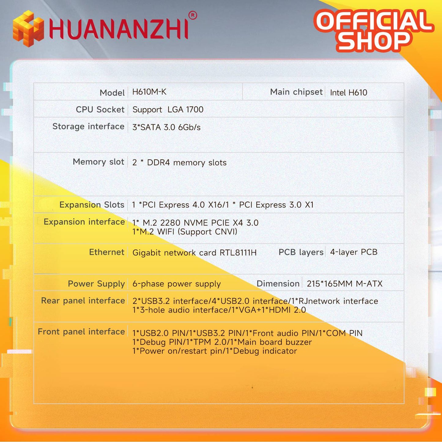 Placa-mãe HUANANZHI H610M K MATX DDR4, suporte para CPU Intel LGA 1700 de 12ª 13ª 14ª Geração H610 12100F 12400F 12490F 12600F 12700F 13600F