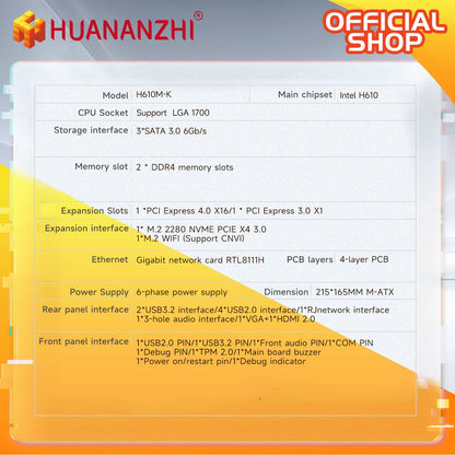 Placa-mãe HUANANZHI H610M K MATX DDR4, suporte para CPU Intel LGA 1700 de 12ª 13ª 14ª Geração H610 12100F 12400F 12490F 12600F 12700F 13600F