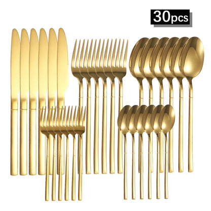 6/30pcs Stainless steel cutlery set, high-end steak knife, fork, dessert spoon, suitable for restaurant banquets parties