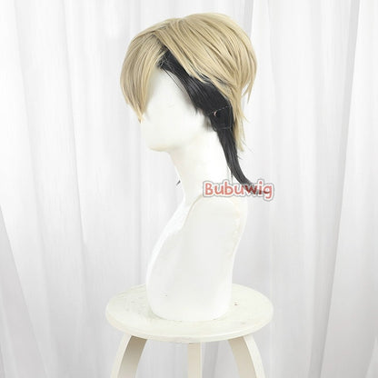 Peruca de Cosplay Zanka Nijiku de Cabelo Sintético Bubuwig Perucas de Anime Gachiakuta Zanka Nijiku Peruca Curta Loiro Misto Preto de 30cm Resistente ao Calor