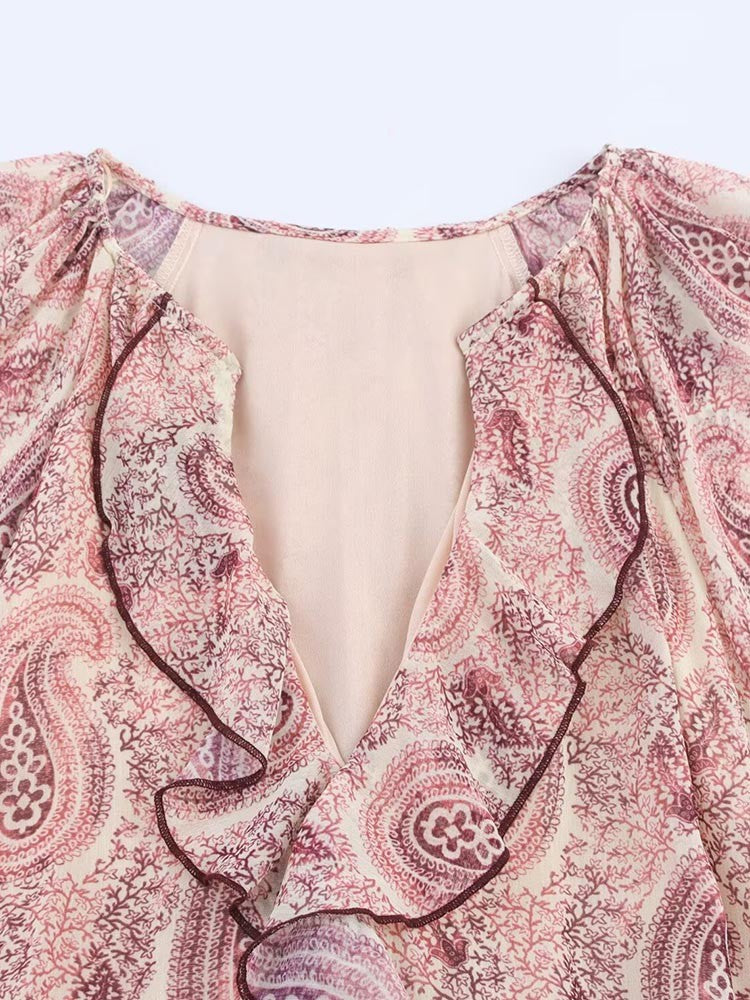 2025 Women Summer MIDI Dress Vintage Print Chiffon V-Neck Cascading Ruffle Long